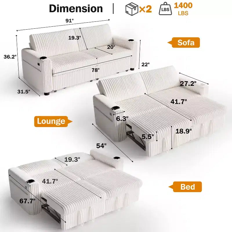 91'' Sectional Sleeper Sofa Bed with Pull Out Bed, with Reclining Backrest/Two Pull Out Beds/USB Ports/Cup Holders, Plush Corduroy
