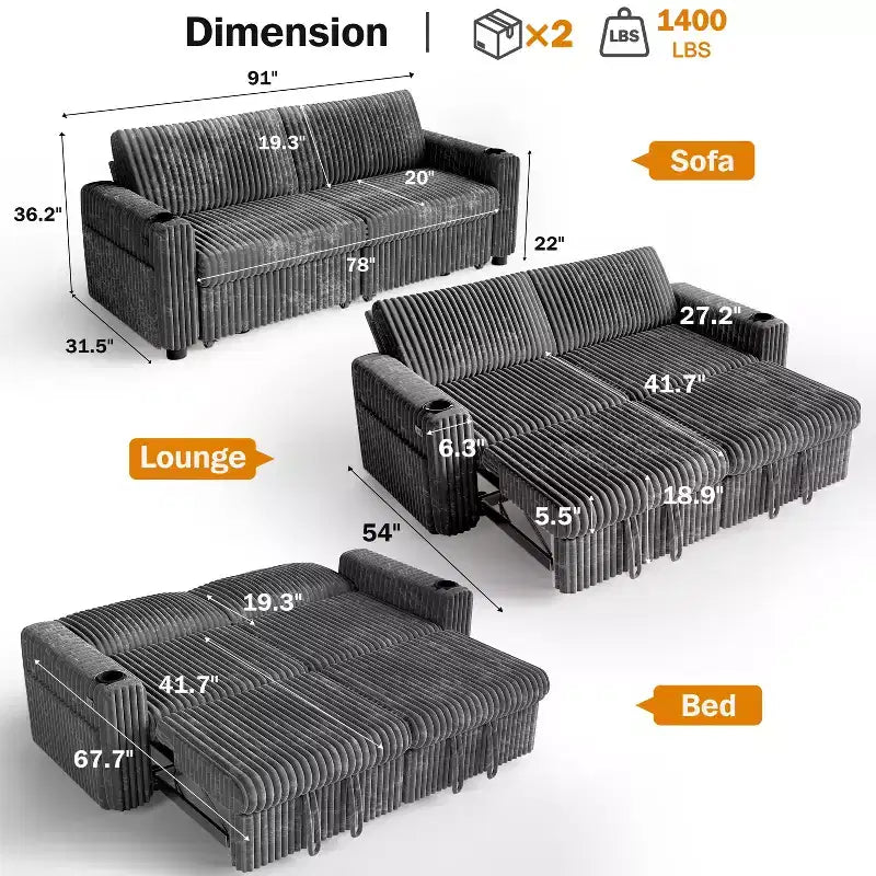 91'' Sectional Sleeper Sofa Bed with Pull Out Bed, with Reclining Backrest/Two Pull Out Beds/USB Ports/Cup Holders, Plush Corduroy