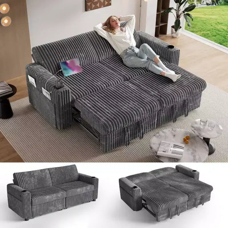 91'' Sectional Sleeper Sofa Bed with Pull Out Bed, with Reclining Backrest/Two Pull Out Beds/USB Ports/Cup Holders, Plush Corduroy