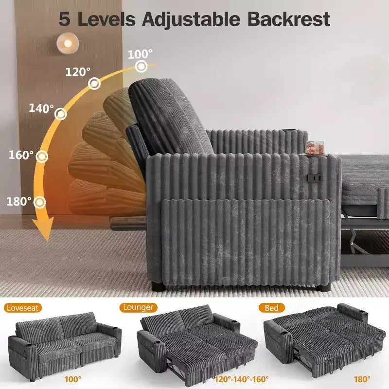 91'' Sectional Sleeper Sofa Bed with Pull Out Bed, with Reclining Backrest/Two Pull Out Beds/USB Ports/Cup Holders, Plush Corduroy
