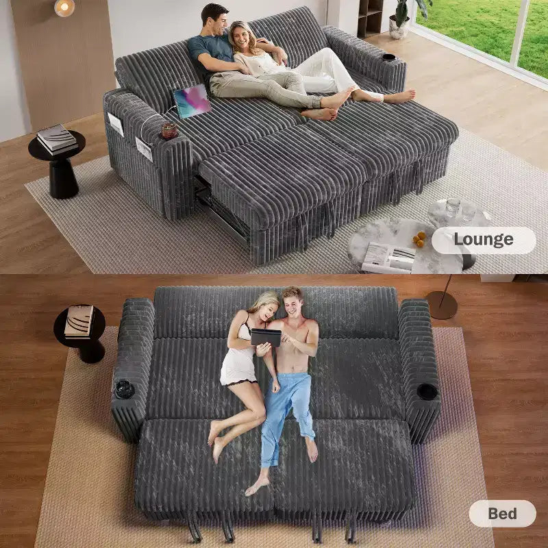 91'' Sectional Sleeper Sofa Bed with Pull Out Bed, with Reclining Backrest/Two Pull Out Beds/USB Ports/Cup Holders, Plush Corduroy