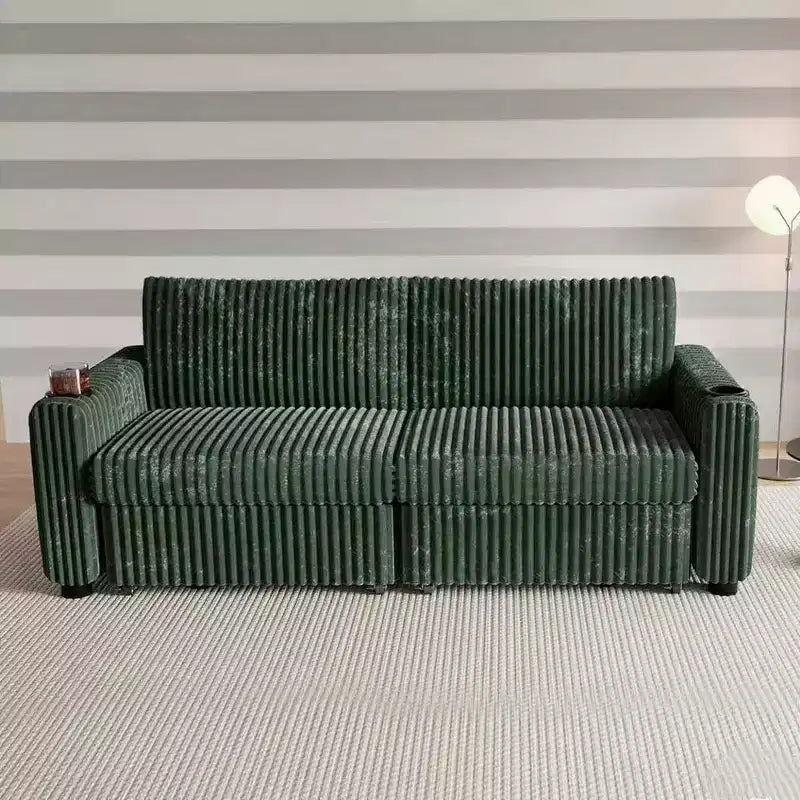 91'' Sectional Sleeper Sofa Bed with Pull Out Bed, with Reclining Backrest/Two Pull Out Beds/USB Ports/Cup Holders, Plush Corduroy