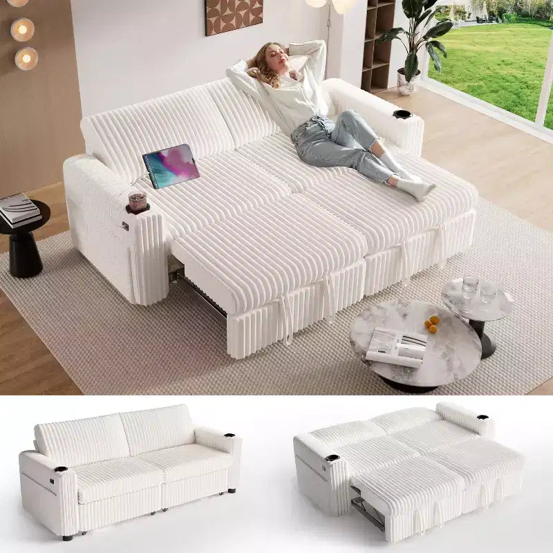 91'' Sectional Sleeper Sofa Bed with Pull Out Bed, with Reclining Backrest/Two Pull Out Beds/USB Ports/Cup Holders, Plush Corduroy