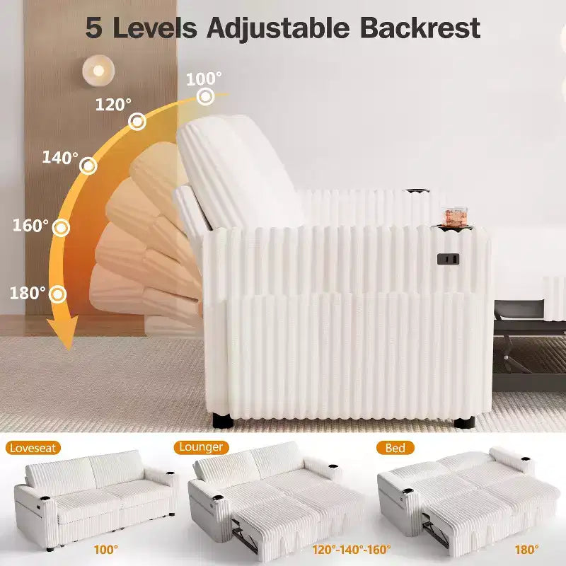 91'' Sectional Sleeper Sofa Bed with Pull Out Bed, with Reclining Backrest/Two Pull Out Beds/USB Ports/Cup Holders, Plush Corduroy
