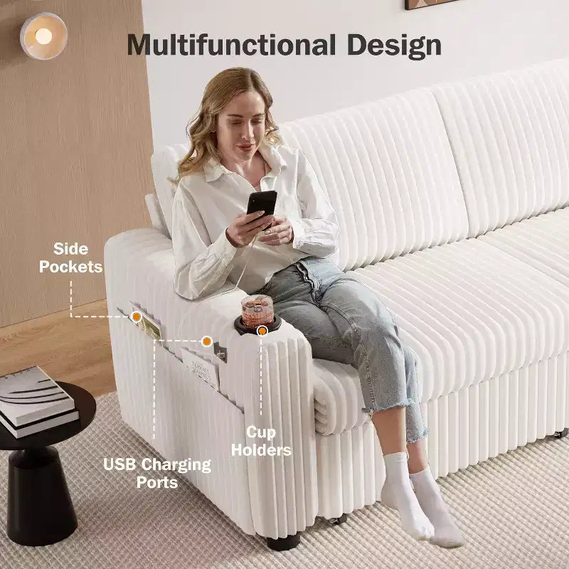 91'' Sectional Sleeper Sofa Bed with Pull Out Bed, with Reclining Backrest/Two Pull Out Beds/USB Ports/Cup Holders, Plush Corduroy