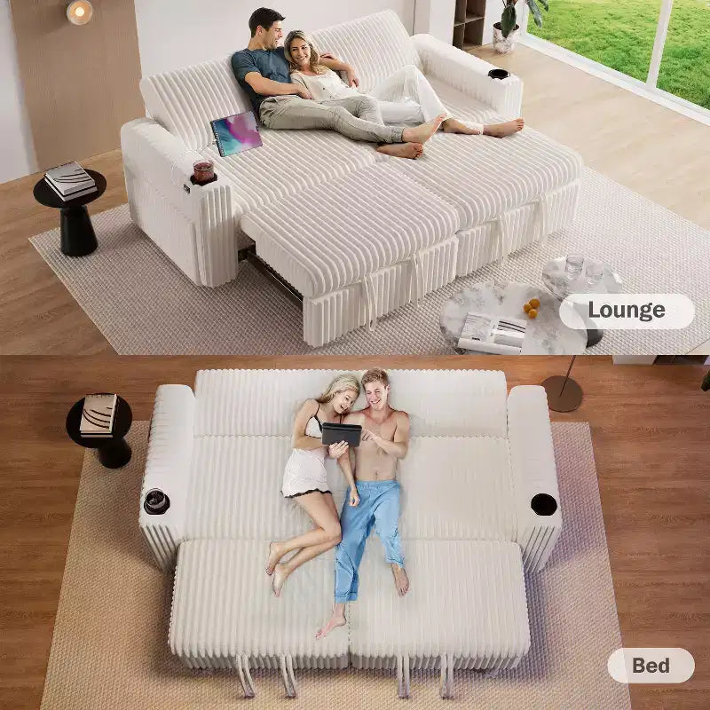 91'' Sectional Sleeper Sofa Bed with Pull Out Bed, with Reclining Backrest/Two Pull Out Beds/USB Ports/Cup Holders, Plush Corduroy