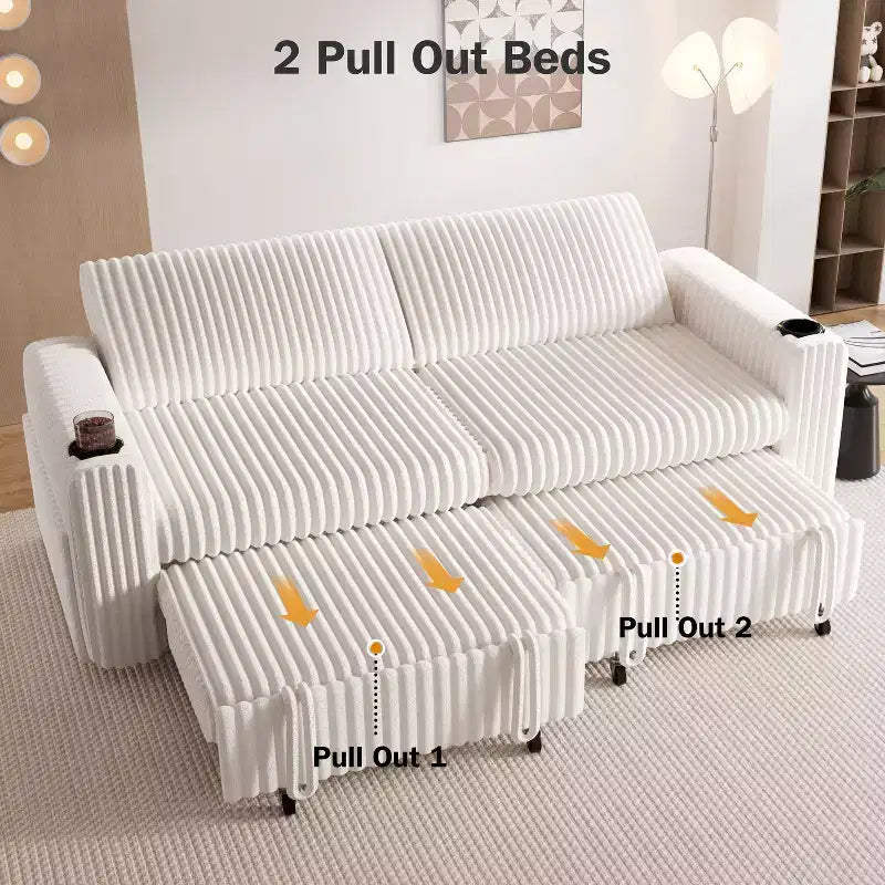 Dyonery 91'' Sectional Sleeper Sofa Bed with Pull Out Bed, with Reclining Backrest/Two Pull Out Beds/USB Ports/Cup Holders, Plush Corduroy