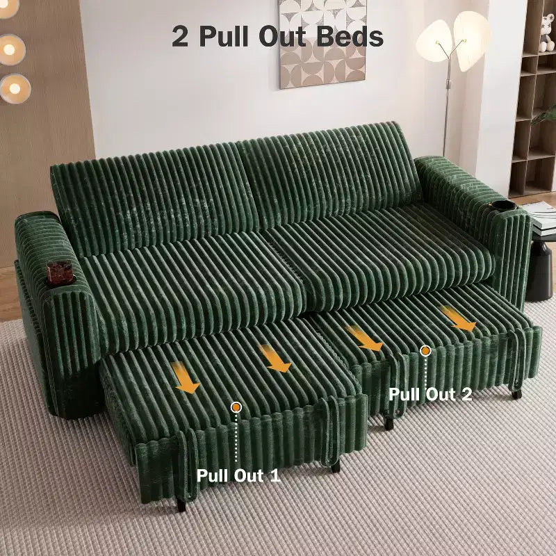 91'' Sectional Sleeper Sofa Bed with Pull Out Bed, with Reclining Backrest/Two Pull Out Beds/USB Ports/Cup Holders, Plush Corduroy