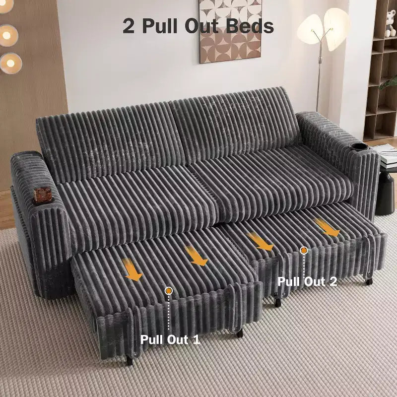 91'' Sectional Sleeper Sofa Bed with Pull Out Bed, with Reclining Backrest/Two Pull Out Beds/USB Ports/Cup Holders, Plush Corduroy