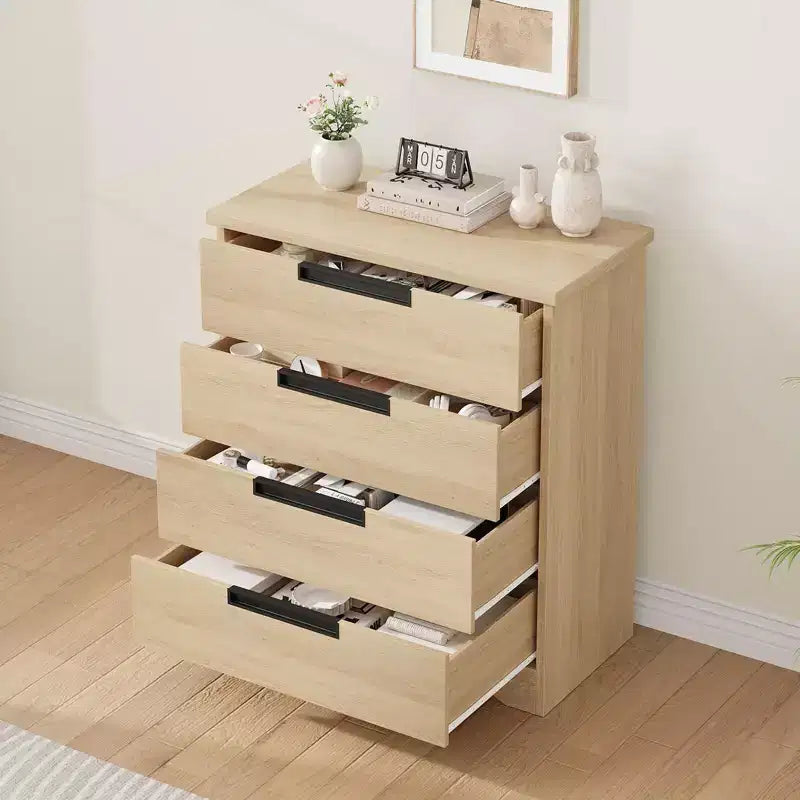 4-Drawer Natural Wood Dresser - Modern Storage Organizer with Recessed Handles for Bedroom or Living Room