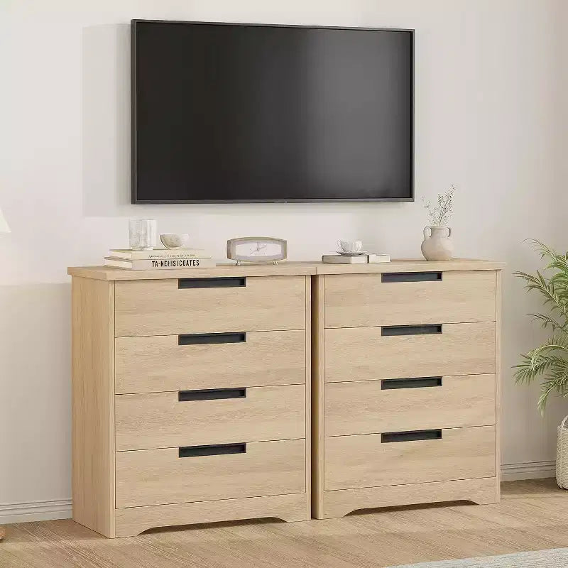 4-Drawer Natural Wood Dresser - Modern Storage Organizer with Recessed Handles for Bedroom or Living Room
