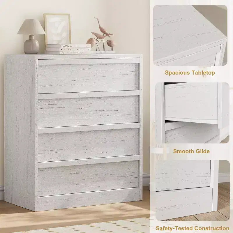 4-Drawer Natural Wood Dresser - Modern Storage Organizer with Recessed Handles for Bedroom or Living Room
