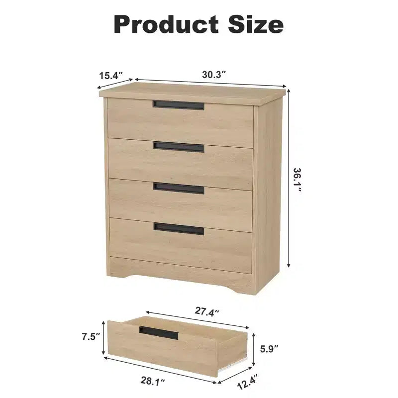 4-Drawer Natural Wood Dresser - Modern Storage Organizer with Recessed Handles for Bedroom or Living Room