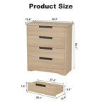 Commode 4 tiroirs en bois naturel - Organiseur de rangement moderne avec poignées encastrées pour chambre ou salon
