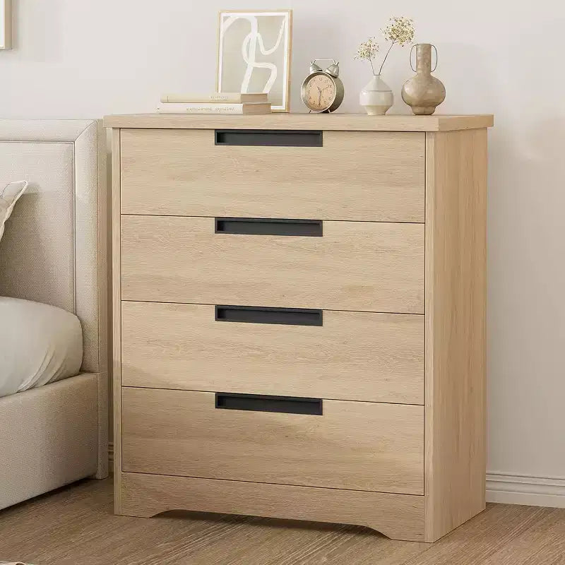 4-Drawer Natural Wood Dresser - Modern Storage Organizer with Recessed Handles for Bedroom or Living Room