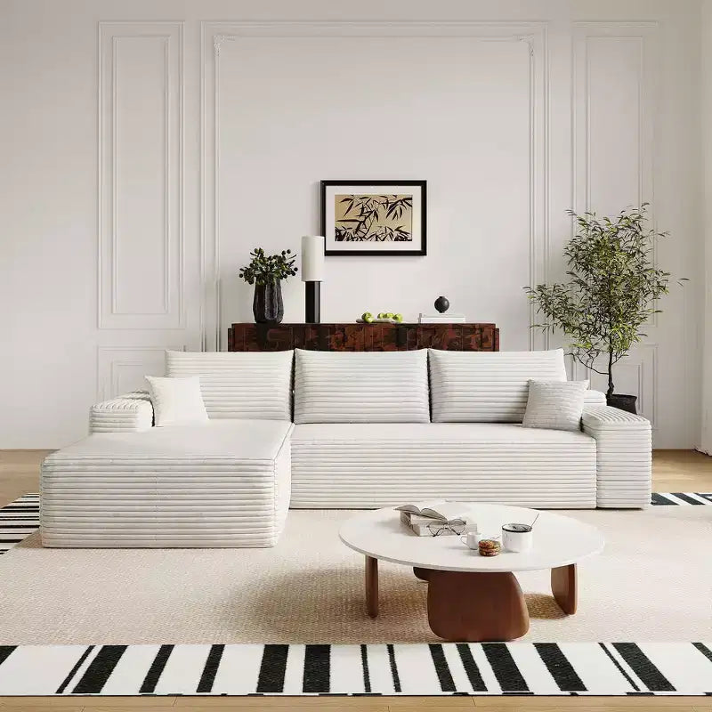 107 inch White Plush Corduroy Fabric Cloud Sectional Couch with L-Shape Chaise Modern Modular Sofa with Deep Seat