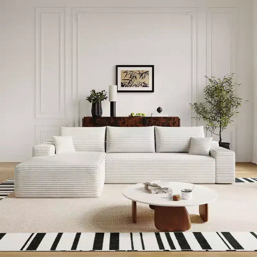 107 inch White Plush Corduroy Fabric Cloud Sectional Couch with L-Shape Chaise Modern Modular Sofa with Deep Seat