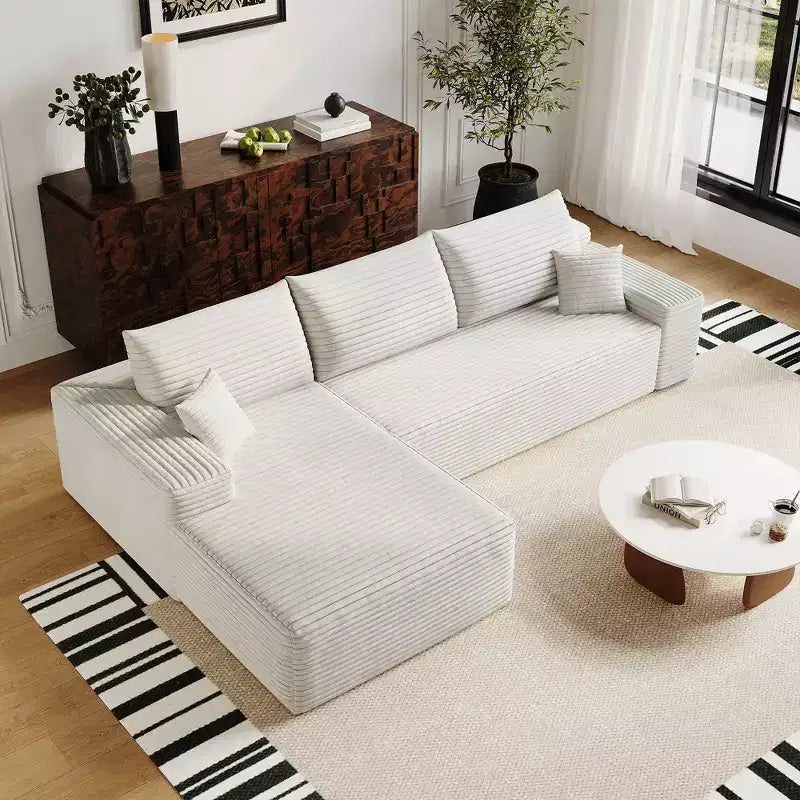 107 inch White Plush Corduroy Fabric Cloud Sectional Couch with L-Shape Chaise Modern Modular Sofa with Deep Seat