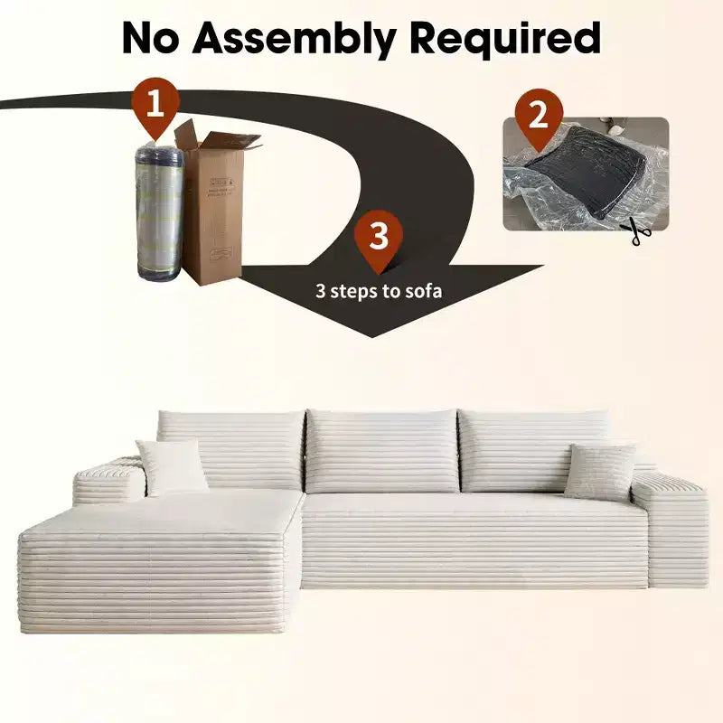 107 inch White Plush Corduroy Fabric Cloud Sectional Couch with L-Shape Chaise Modern Modular Sofa with Deep Seat