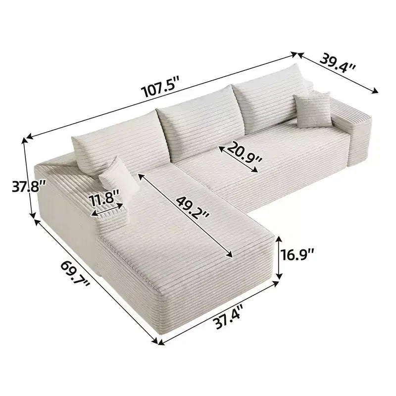 107 inch White Plush Corduroy Fabric Cloud Sectional Couch with L-Shape Chaise Modern Modular Sofa with Deep Seat