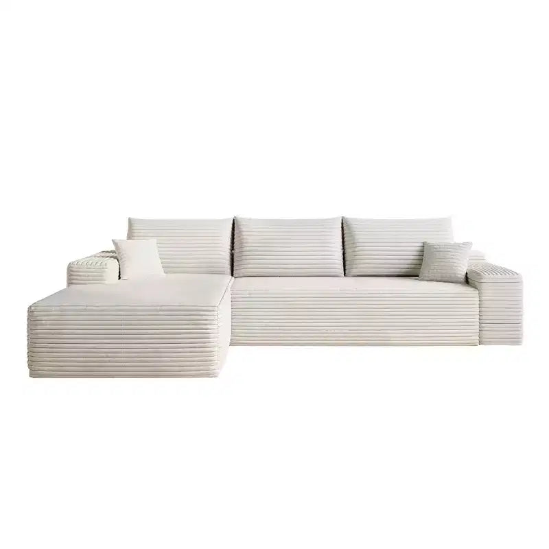 107 inch White Plush Corduroy Fabric Cloud Sectional Couch with L-Shape Chaise Modern Modular Sofa with Deep Seat
