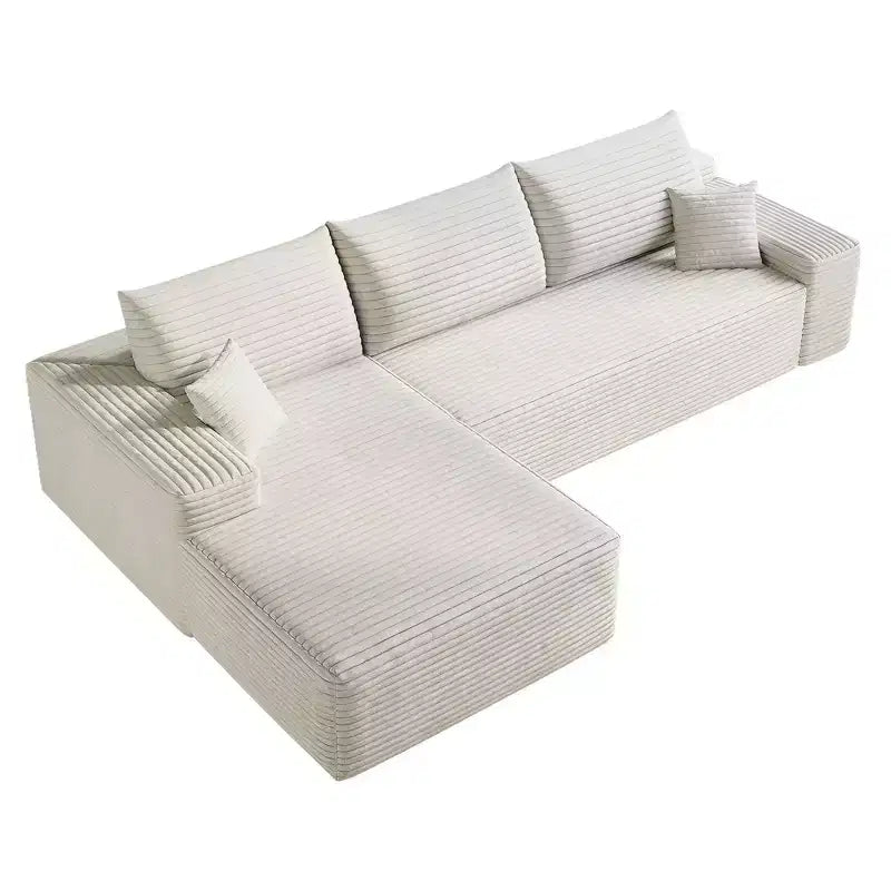 107 inch White Plush Corduroy Fabric Cloud Sectional Couch with L-Shape Chaise Modern Modular Sofa with Deep Seat