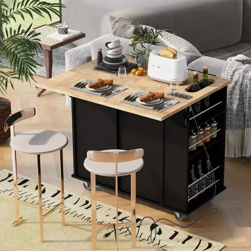 Kitchen Island with Power Outlet Drop Leaf and Rubber Wood Wine Rack 5 Wheels Adjustable Storage for Home Dining Room Black
