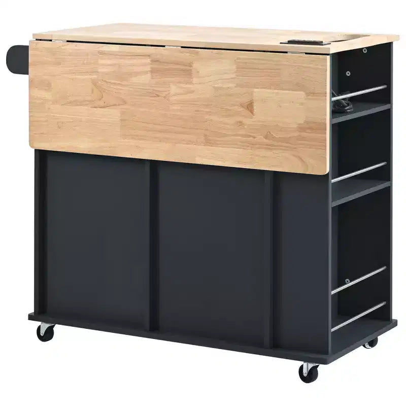Kitchen Island with Power Outlet Drop Leaf and Rubber Wood Wine Rack 5 Wheels Adjustable Storage for Home Dining Room Black