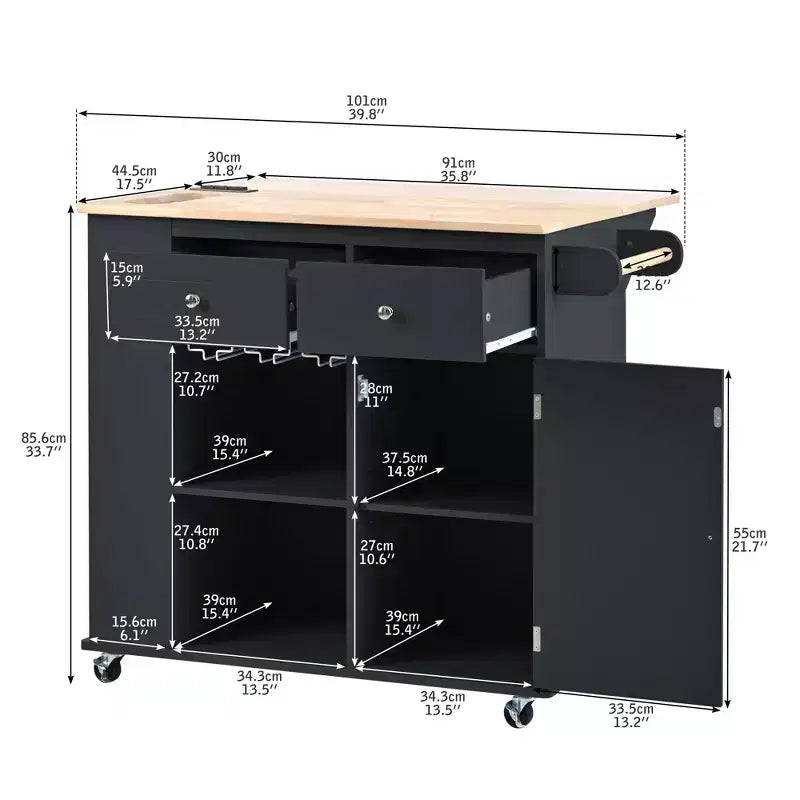 Kitchen Island with Power Outlet Drop Leaf and Rubber Wood Wine Rack 5 Wheels Adjustable Storage for Home Dining Room Black