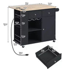 Îlot de Cuisine avec Prise de Courant Abattant et Range-Bouteilles en Bois d'Hévéa 5 Roues Rangement Ajustable pour Maison Salle à Manger Noir