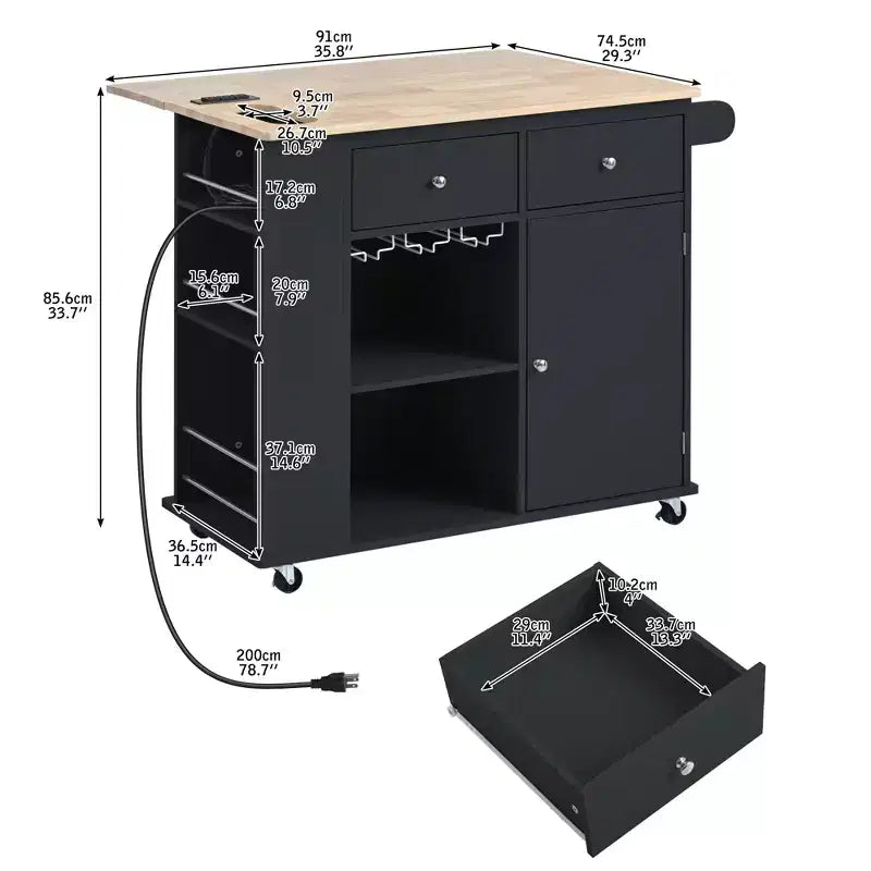 Kitchen Island with Power Outlet Drop Leaf and Rubber Wood Wine Rack 5 Wheels Adjustable Storage for Home Dining Room Black