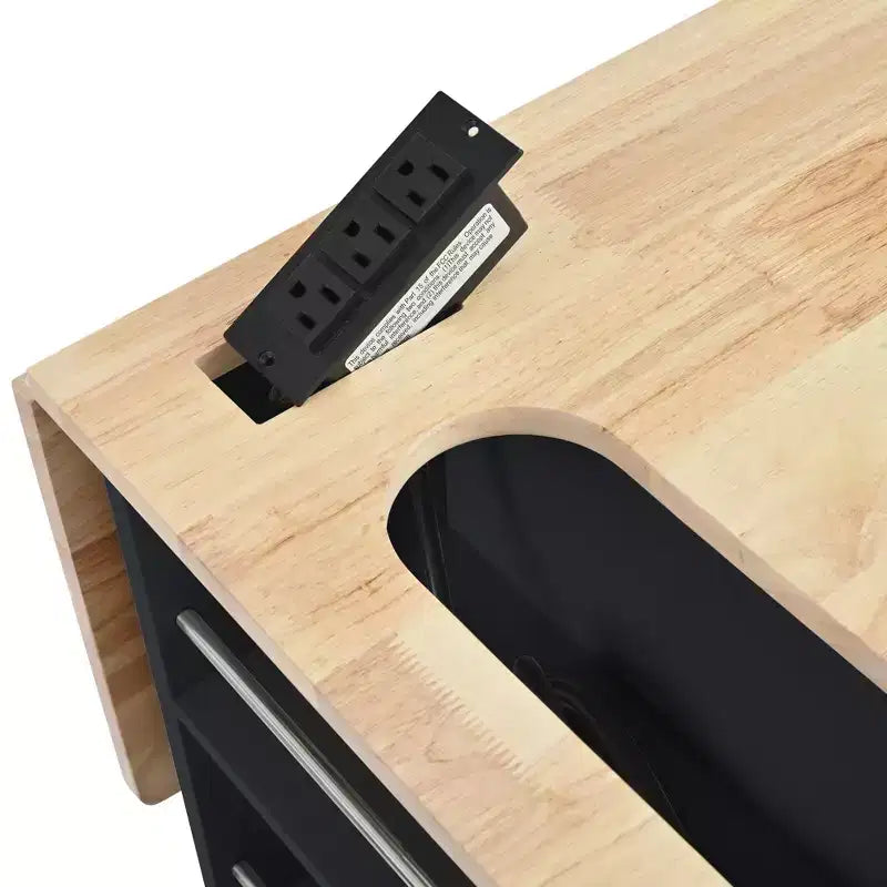 Kitchen Island with Power Outlet Drop Leaf and Rubber Wood Wine Rack 5 Wheels Adjustable Storage for Home Dining Room Black