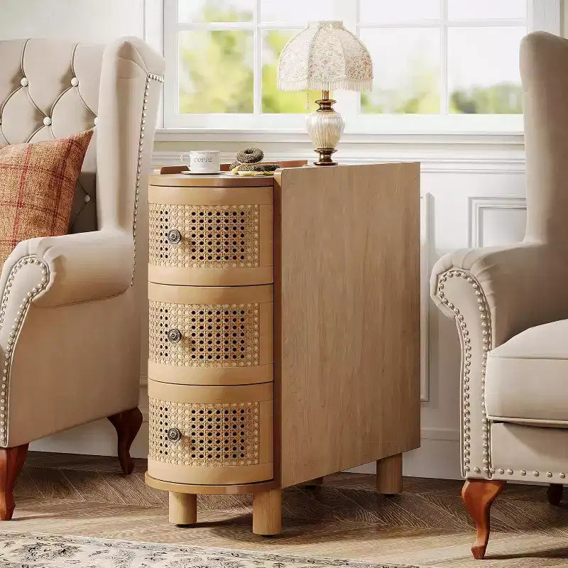 Lantine 3-Drawer Rattan End Table: Slim sofa side table with vintage embossed handles, for living room/bedroom. FiniMDF, no assembly, Oak finish.