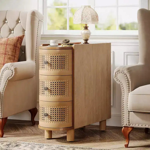 Lantine 3-Drawer Rattan End Table: Slim sofa side table with vintage embossed handles, for living room/bedroom. FiniMDF, no assembly, Oak finish.