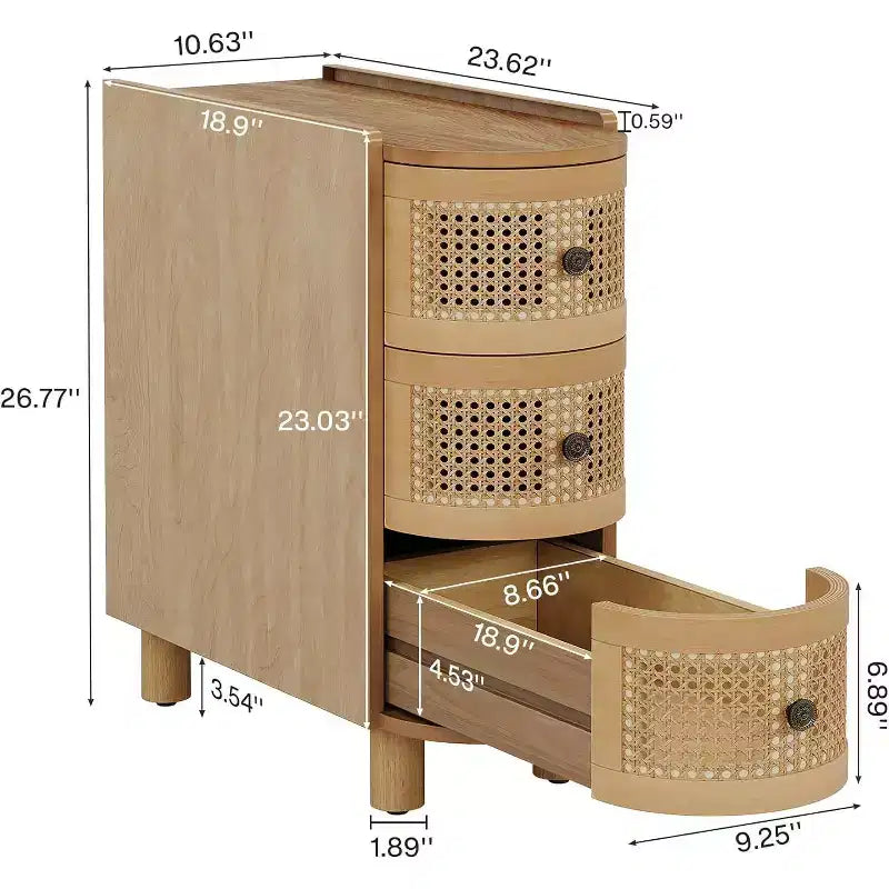 3-Drawer Rattan End Table: Slim sofa side table with vintage embossed handles, for living room/bedroom. FiniMDF, no assembly, Oak finish.