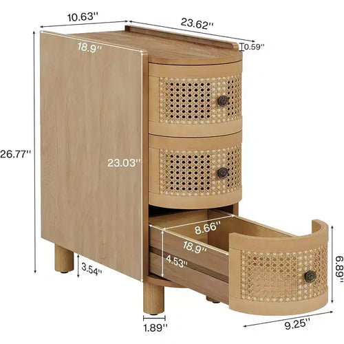 3-Drawer Rattan End Table: Slim sofa side table with vintage embossed handles, for living room/bedroom. FiniMDF, no assembly, Oak finish.