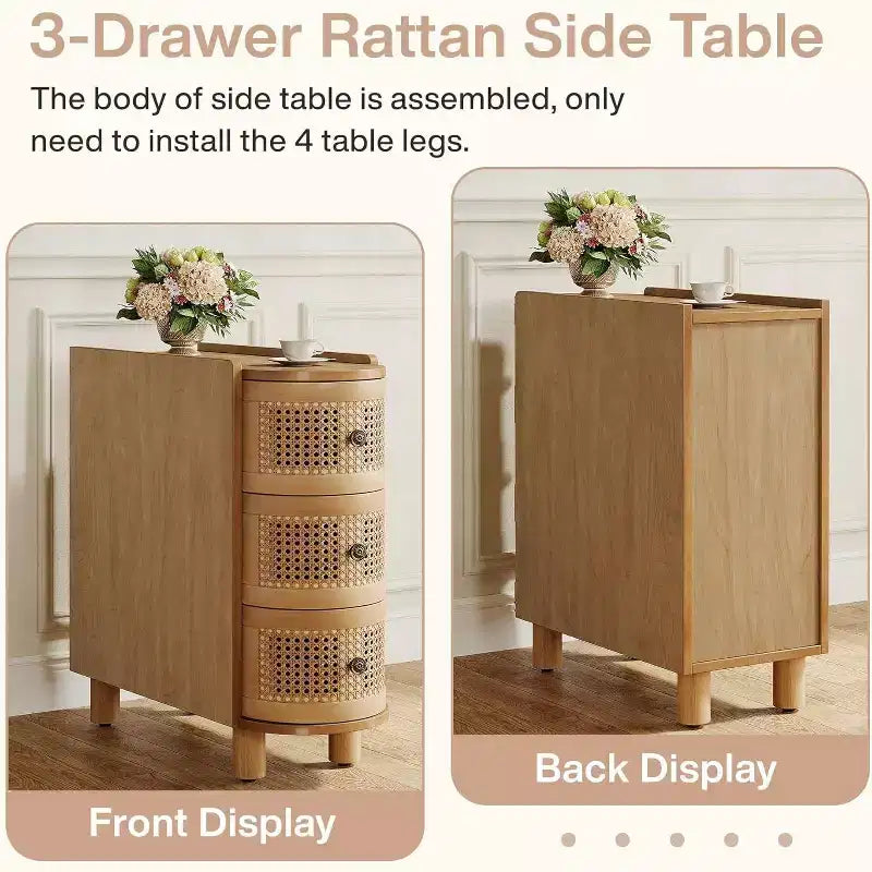 3-Drawer Rattan End Table: Slim sofa side table with vintage embossed handles, for living room/bedroom. FiniMDF, no assembly, Oak finish.