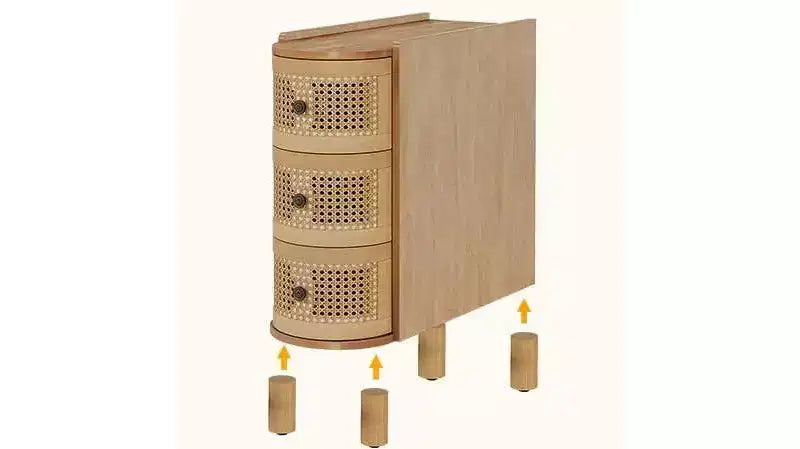 3-Drawer Rattan End Table: Slim sofa side table with vintage embossed handles, for living room/bedroom. FiniMDF, no assembly, Oak finish.
