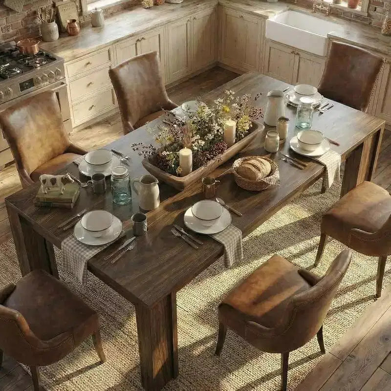 71 Long Dining Table for 6-8, Rectangular Farmhouse Kitchen Dining Room Table w/Wider H Legs & Large Wooden Tabletop, for Apartment, Kitchen