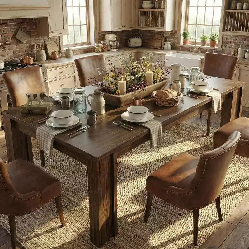 71 Long Dining Table for 6-8, Rectangular Farmhouse Kitchen Dining Room Table w/Wider H Legs & Large Wooden Tabletop, for Apartment, Kitchen