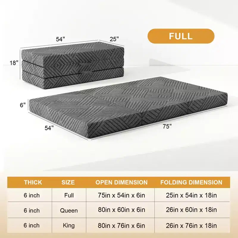 6 Inch Tri-Fold Memory Foam Mattress with Washable Cover/Storage Bag/Handle, Grey Foldable Mattress for Guest Bed/Dorm/Camping