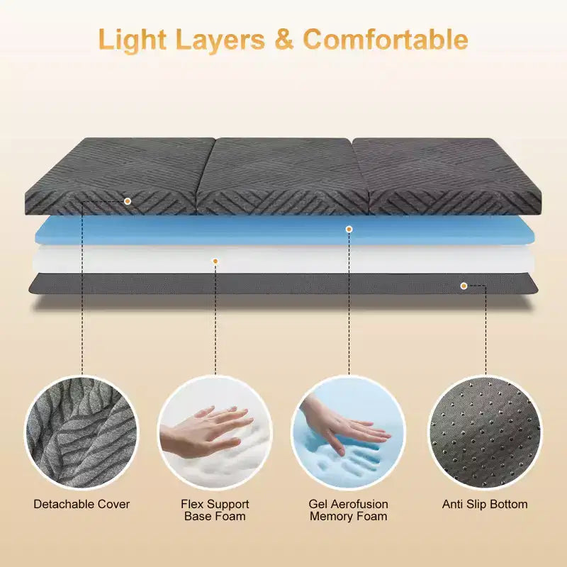6 Inch Tri-Fold Memory Foam Mattress with Washable Cover/Storage Bag/Handle, Grey Foldable Mattress for Guest Bed/Dorm/Camping