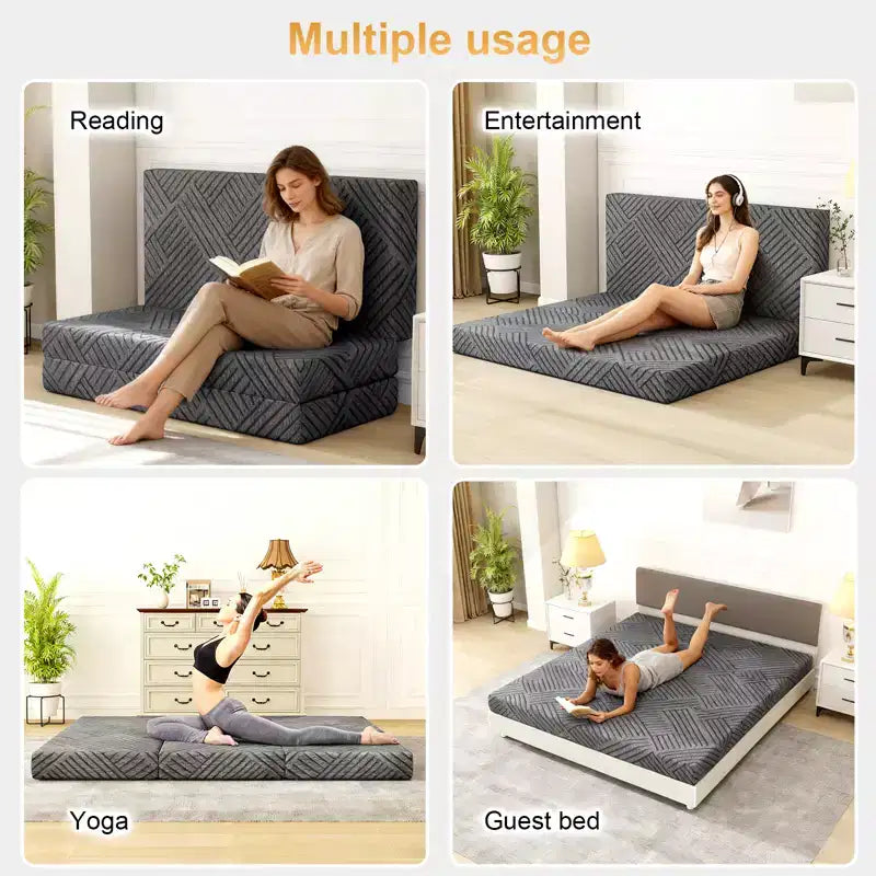 6 Inch Tri-Fold Memory Foam Mattress with Washable Cover/Storage Bag/Handle, Grey Foldable Mattress for Guest Bed/Dorm/Camping