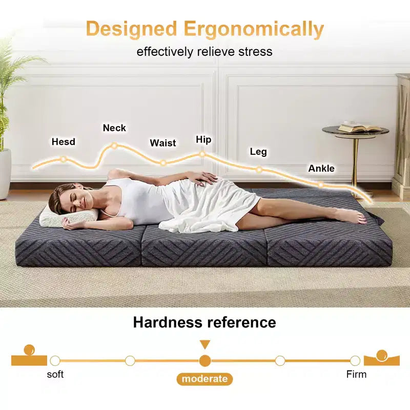 6 Inch Tri-Fold Memory Foam Mattress with Washable Cover/Storage Bag/Handle, Grey Foldable Mattress for Guest Bed/Dorm/Camping