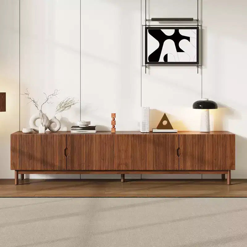 JVNOXK 87-Inch TV Stand for TVs up to 90 Inches, Media Console with 4 Cabinets, Solid Wood Legs & Vertical Groove Panel, Modern Entertainment Center
