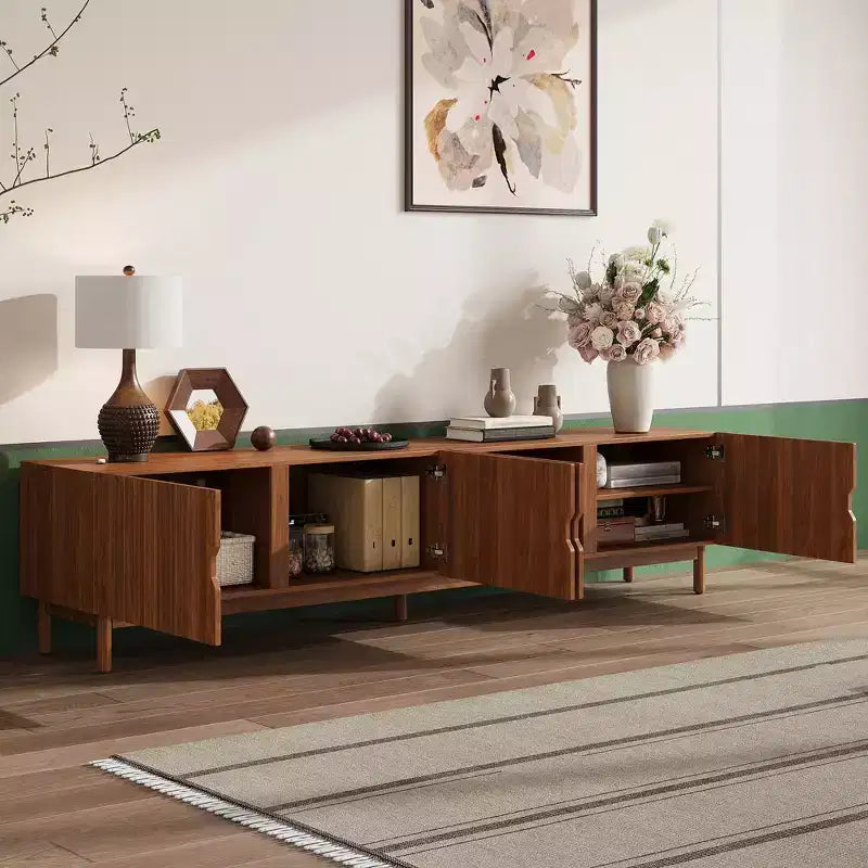 87-Inch TV Stand for TVs up to 90 Inches, Media Console with 4 Cabinets, Solid Wood Legs & Vertical Groove Panel, Modern Entertainment Center