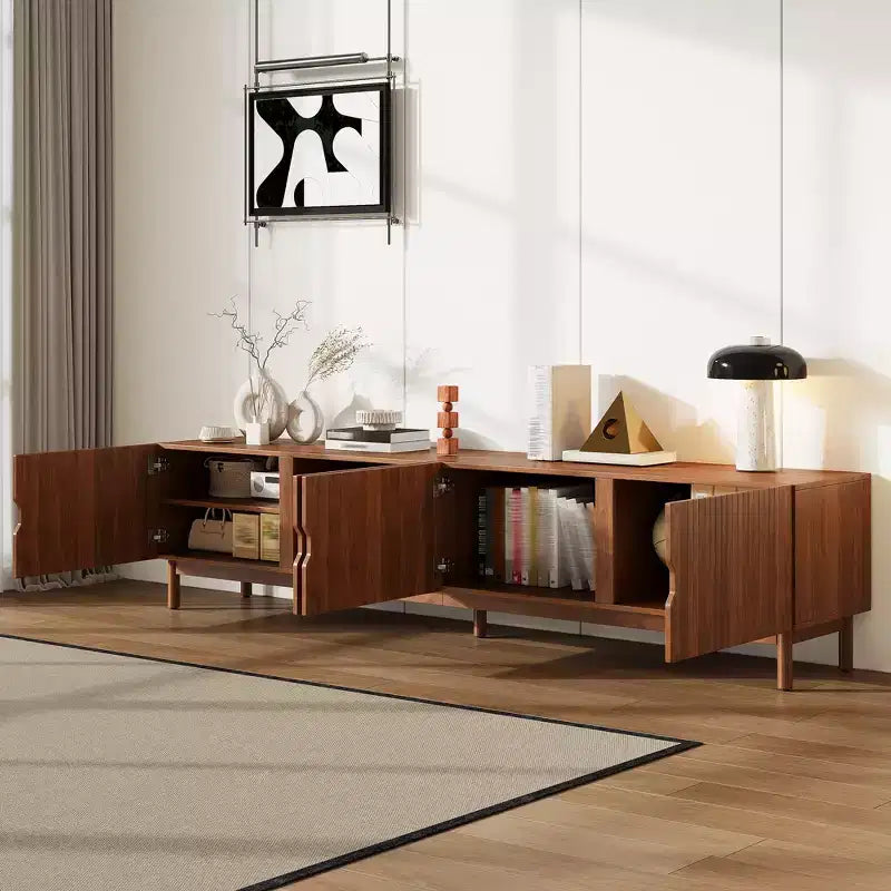 87-Inch TV Stand for TVs up to 90 Inches, Media Console with 4 Cabinets, Solid Wood Legs & Vertical Groove Panel, Modern Entertainment Center