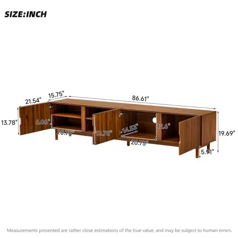 87-Inch TV Stand for TVs up to 90 Inches, Media Console with 4 Cabinets, Solid Wood Legs & Vertical Groove Panel, Modern Entertainment Center