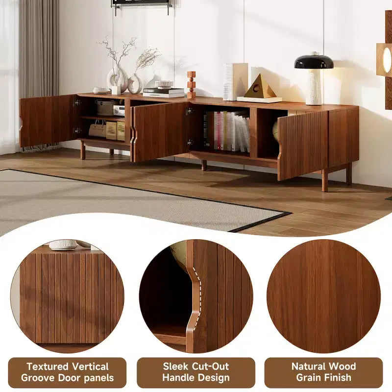 87-Inch TV Stand for TVs up to 90 Inches, Media Console with 4 Cabinets, Solid Wood Legs & Vertical Groove Panel, Modern Entertainment Center