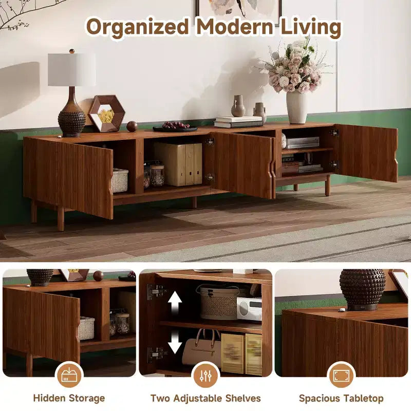 87-Inch TV Stand for TVs up to 90 Inches, Media Console with 4 Cabinets, Solid Wood Legs & Vertical Groove Panel, Modern Entertainment Center